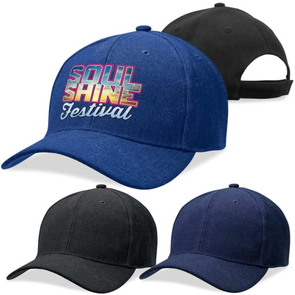 Acrylic caps in black and navy, featuring a logo on the front. The navy cap has a solid design, while the black cap is partially open at the back.