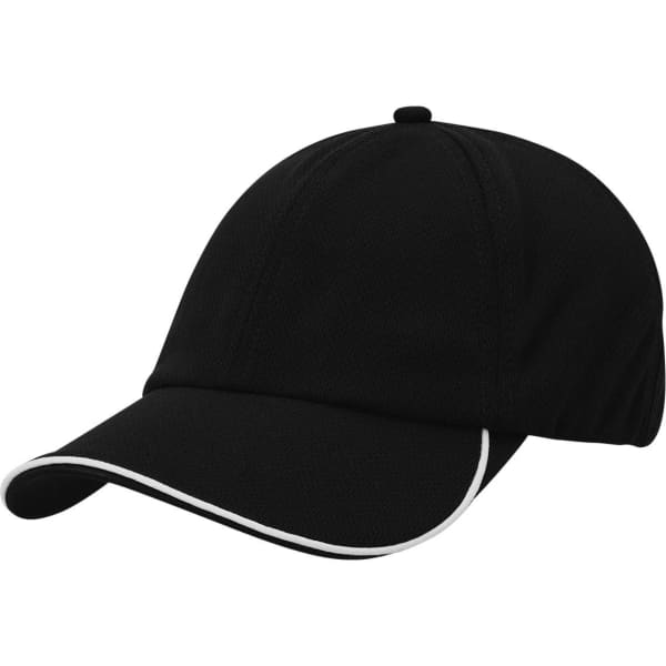 A black cap with a curved brim and white accents, featuring a logo on the front.