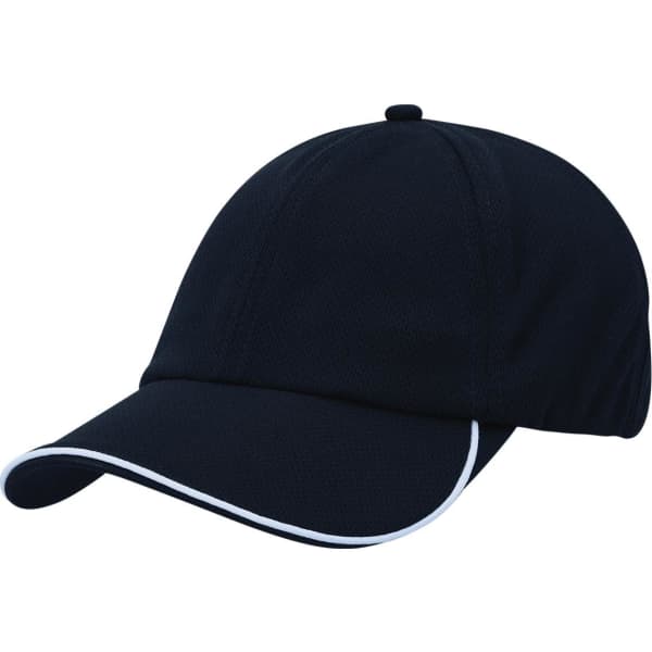 A black cap featuring white piping along the peak and a branded logo on the front.