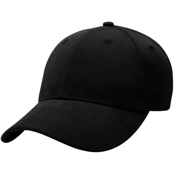 A black heavy brushed cotton cap with a curved peak and six ventilation eyelets. It features a logo on the front.