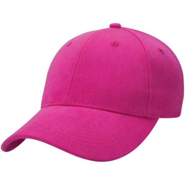 A pink heavy brushed cotton cap featuring a rounded crown and a curved peak. It includes a logo on the side.