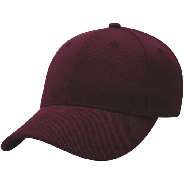 A burgundy brushed cotton cap with a curved peak and a logo on the front.