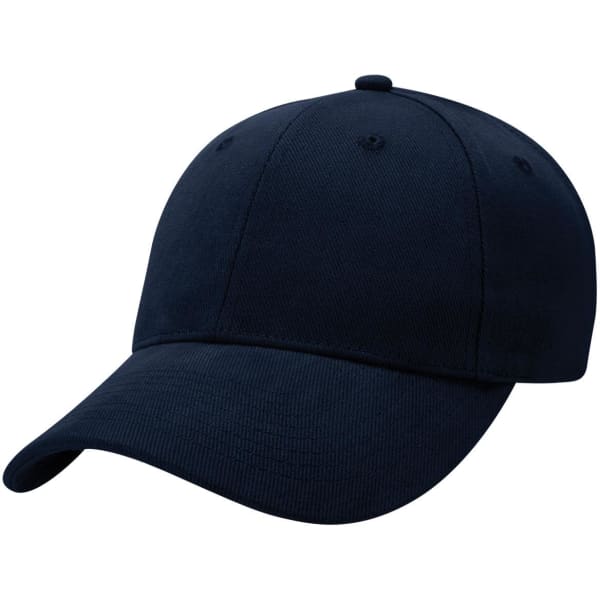 A navy blue heavy brushed cotton cap featuring a rounded crown and a curved brim, with a logo on the front.
