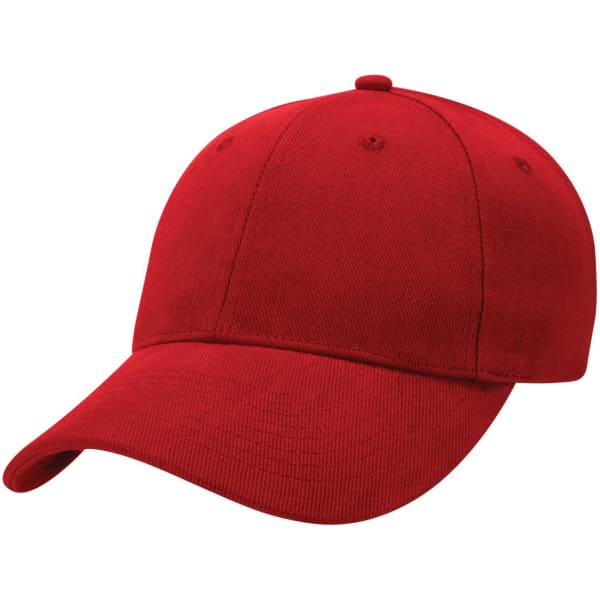 A red heavy brushed cotton cap with a curved brim and ventilation holes, featuring a logo.