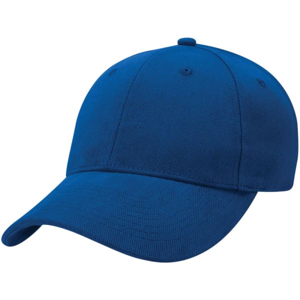 A heavy brushed cotton cap in a vibrant blue colour, featuring a curved peak and a logo.