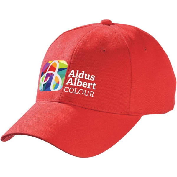 A red heavy brushed cotton cap featuring a logo on the front and a curved brim.
