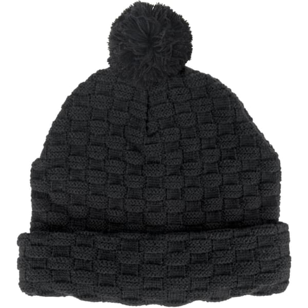 A black knitted beanie with a large pom-pom on top and a textured pattern. Features a fold-over cuff.