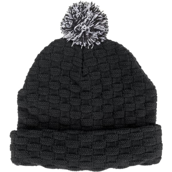 A black knitted beanie with a textured pattern and a black and white pom pom on top. It features a logo.