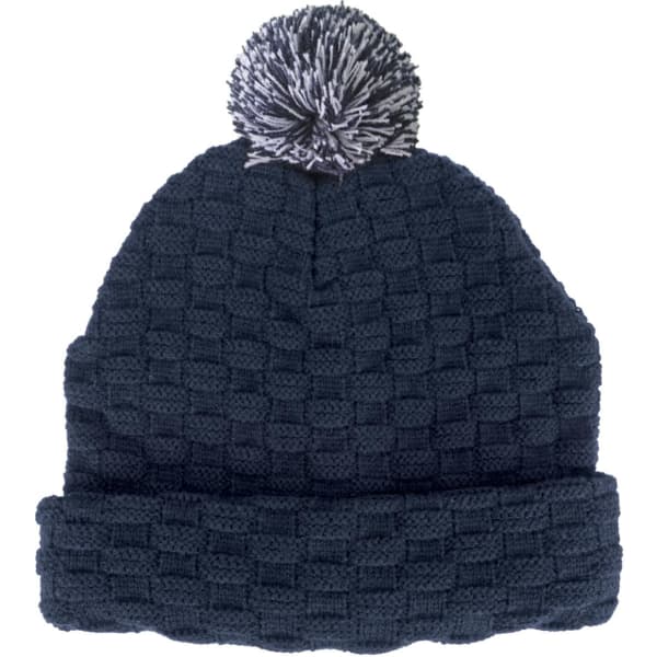 A dark navy beanie with a textured pattern and a grey pom pom on top, featuring a logo.