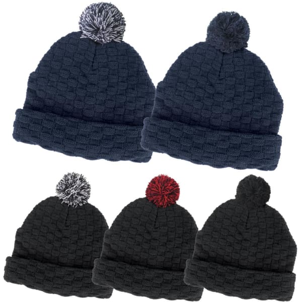 A collection of pom pom beanies in dark navy and dark green, featuring a textured pattern and contrasting pom poms.