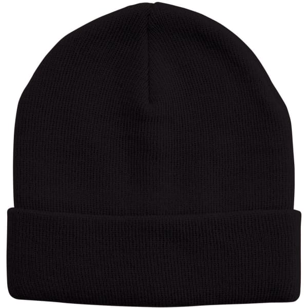 Acrylic beanie in black, featuring a folded brim and textured fabric, with a logo on the surface.