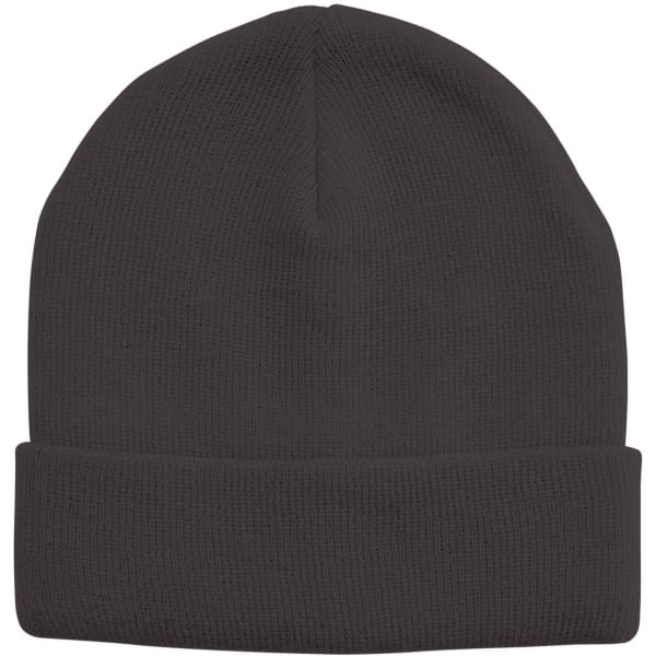 Acrylic beanie in black with a ribbed design and a folded cuff. Includes a branding logo.