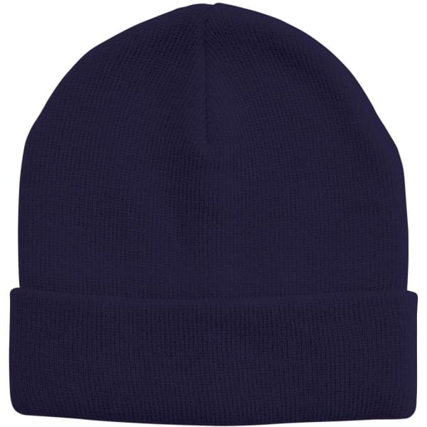 A navy acrylic beanie with a ribbed texture and a folded cuff, featuring a logo.