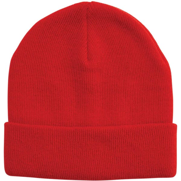 Red acrylic beanie featuring a fold-over cuff and a textured knit design. Includes a logo.