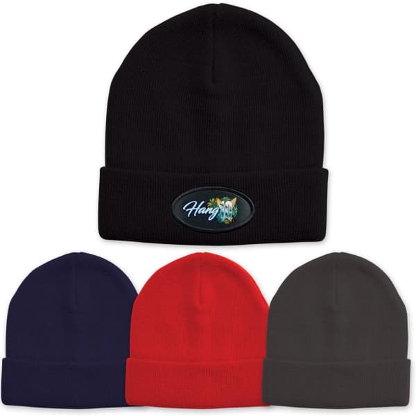 Acrylic beanies in black, navy, red, and dark green, featuring a logo on the front of the black beanie.