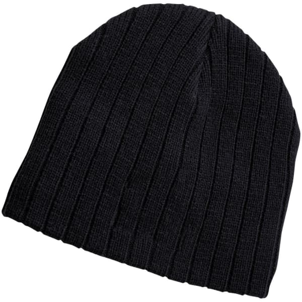 A black cable knit beanie made from textured fabric, featuring a subtle logo.
