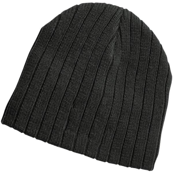A dark green cable knit beanie with a ribbed texture and a logo on the side.