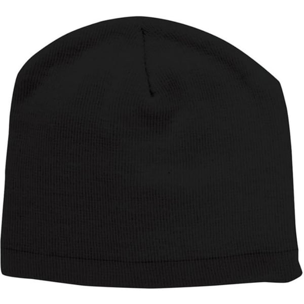 A black beanie featuring a ribbed texture and a simple design, complete with a logo.