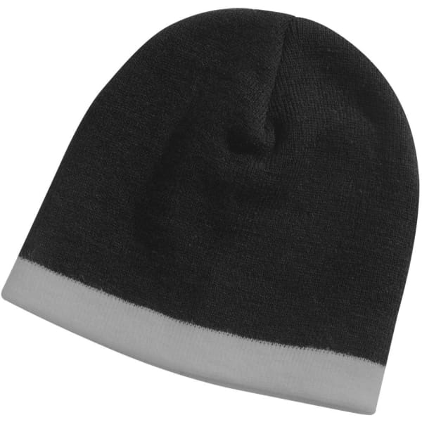 A black beanie with a grey cuff at the bottom, featuring a brand logo.
