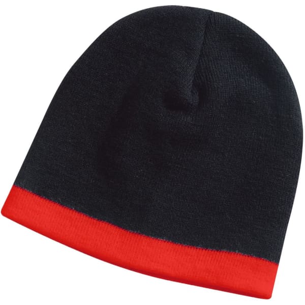 A black beanie with a red cuff, featuring a logo on one side.