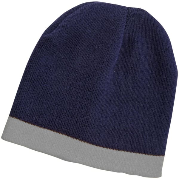 A navy blue beanie with a grey border at the bottom, featuring a logo.