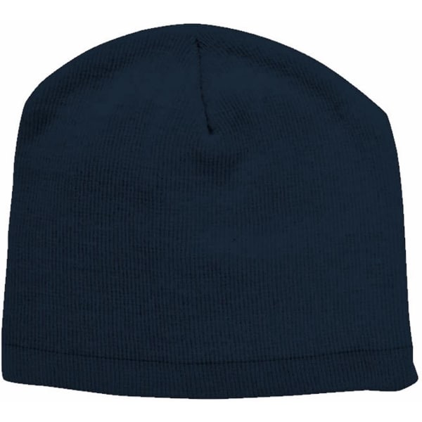 A dark navy beanie with a textured fabric, featuring a small logo on the side.