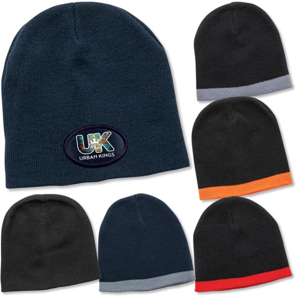 A collection of beanies in various colours, featuring a logo on one beanie.