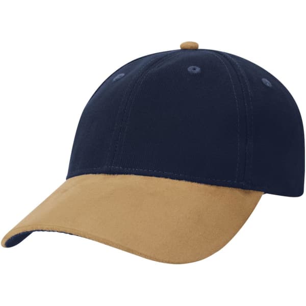 A navy and tan sueded peak cap with a curved brim and a logo.