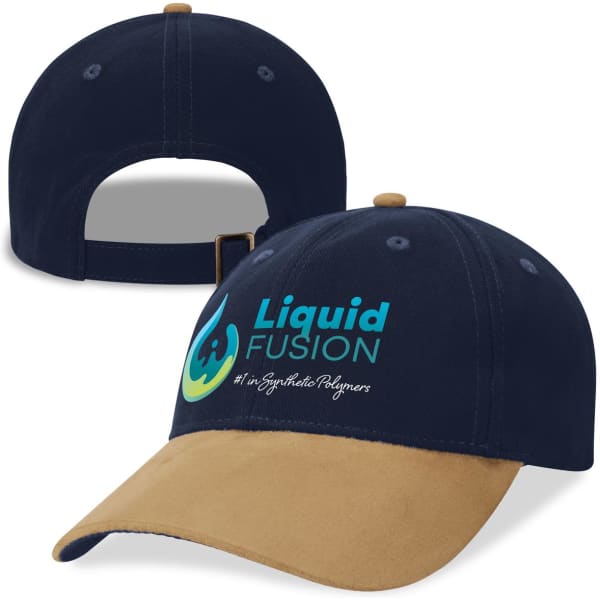 A navy and beige sueded peak cap featuring a logo on the front and an adjustable strap at the back.