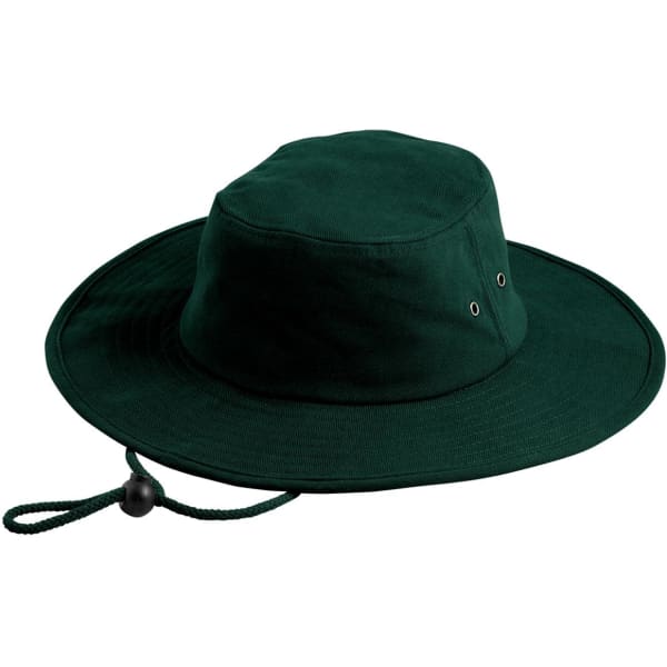 A green Surf Hat with a wide brim and an adjustable chin strap, featuring ventilation eyelets.