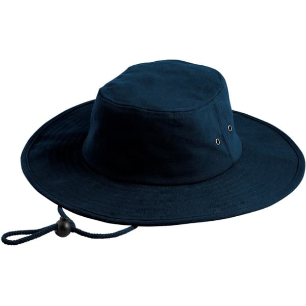 A navy blue brimmed hat with eyelets and a chin strap, designed for outdoor wear.