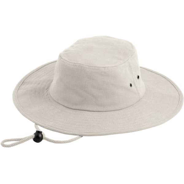 A beige surf hat with a wide brim and a chin strap, featuring ventilation holes and a simple logo.