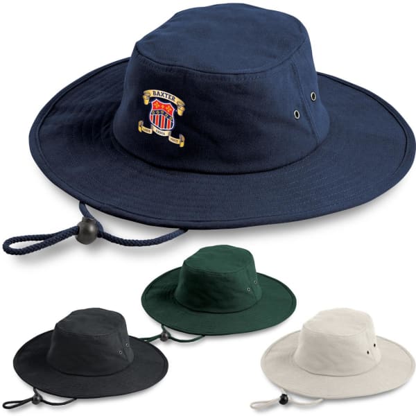 A navy blue brimmed bucket hat with a logo, accompanied by green and beige versions, featuring adjustable cords.