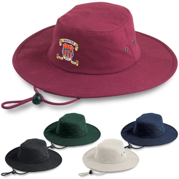 A maroon brimmed bucket hat with an emblem, accompanied by green, navy, black, and cream variations.