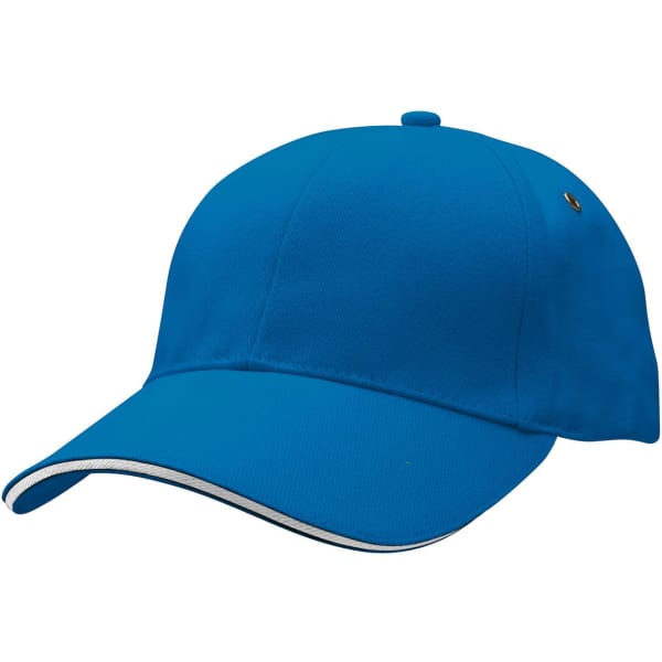 A blue Sandwich Peak Cap featuring a curved brim and a small logo. Ideal for casual wear or outdoor activities.