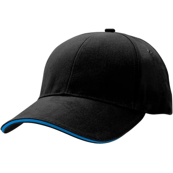 A black cap featuring a blue trim and a logo, designed for promotional use.