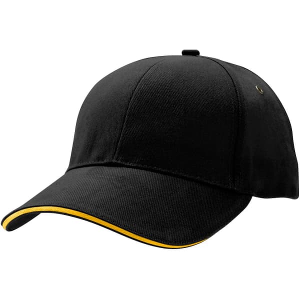 A black cap with a yellow accent along the brim and a logo on the front.