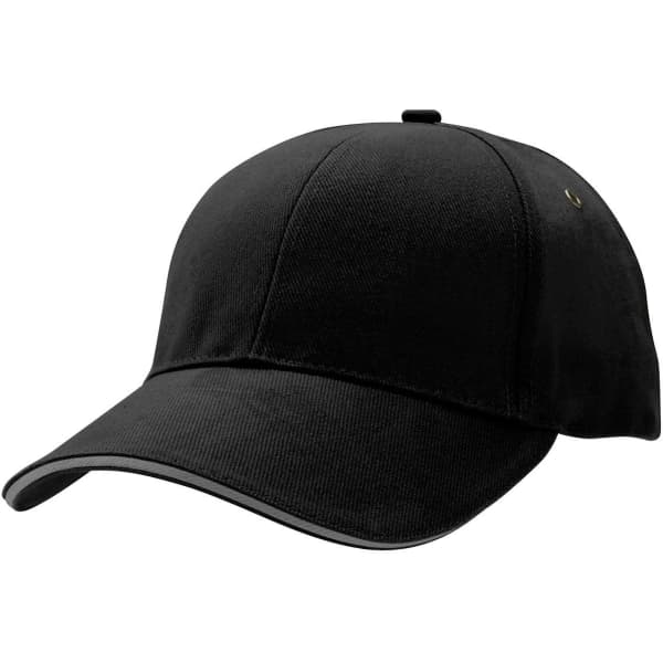 A black cap with a curved visor, featuring a logo on the side and a sleek design.