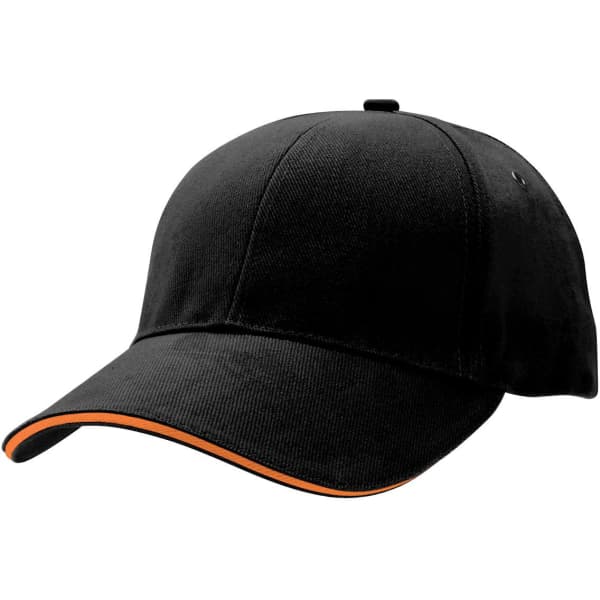 A black cap with an orange trim and a logo, featuring a classic curved peak design.