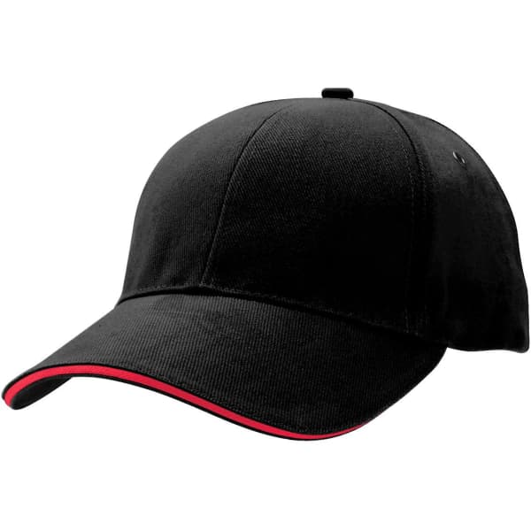 A black cap with a red trim and a logo on the front. Features a curved brim and adjustable strap.