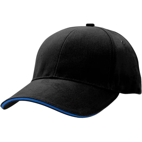 A black cap with a blue trim and a logo on the front.