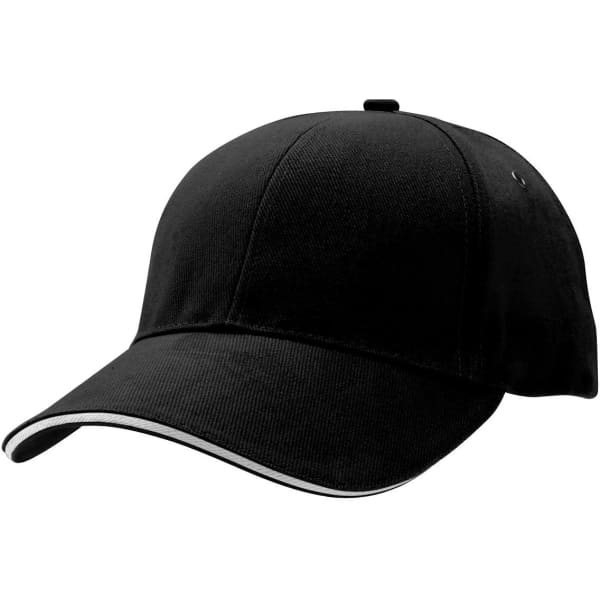 A black sandwich peak cap with a contrasting white trim, featuring an embroidered logo on the front.