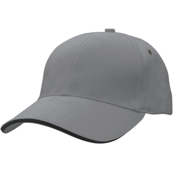 A grey cap with a curved brim and a logo, featuring a smooth fabric design.