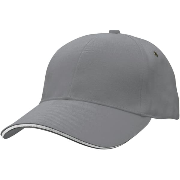 A grey cap featuring a curved brim and contrasting trim, with a logo on the side.