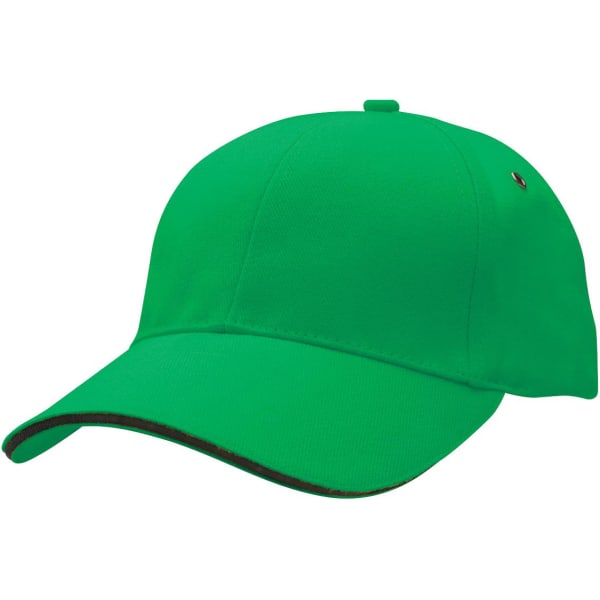 A green cap with a curved brim and a logo, featuring a contrasting lining along the brim.