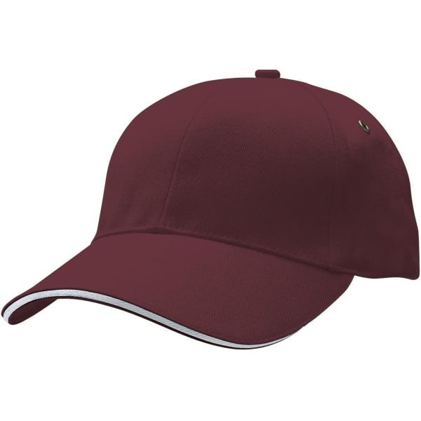 A maroon cap featuring a curved brim and a contrasting trim, equipped with a logo.