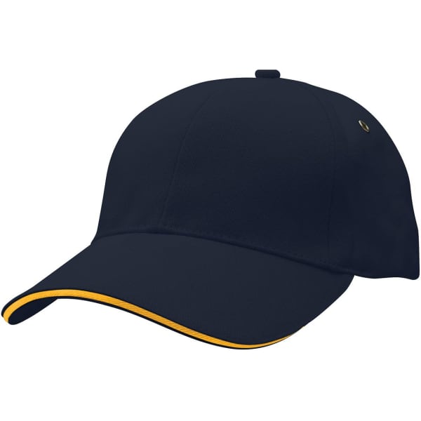 A navy cap featuring a contrasting yellow peak and a logo. Suitable for casual wear.