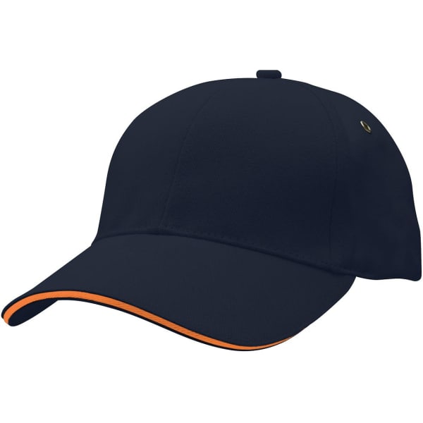 A navy cap featuring an orange trim and a logo on the side.