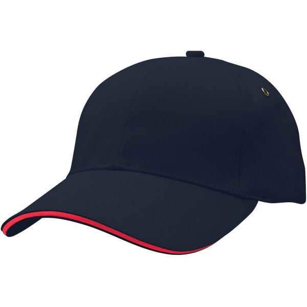 A navy cap with a red trim and a logo on the side.
