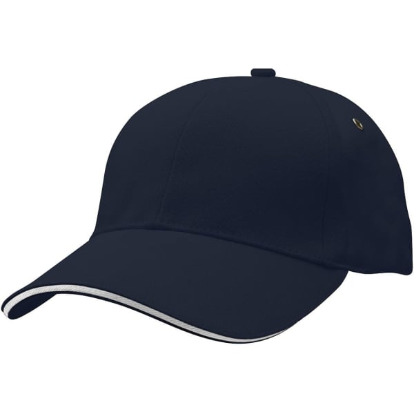 A navy cap with a curved brim and contrasting trim, featuring a small logo on the side.